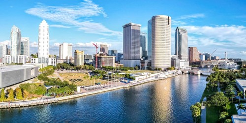Tampa skyline from above aerial view with skyscrapers and Hillsborough River panorama in downtown