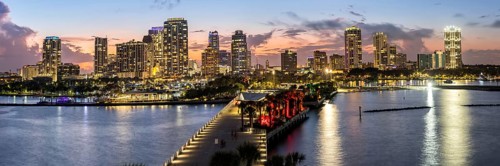Saint Petersburg Florida skyline panorama on Tampa Bay from above with St. Pete Pier at night in