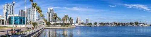 Saint Petersburg Florida panoramic promenade on Tampa Bay with skyline in downtown St. Petersburg,