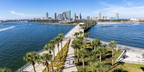 Saint Petersburg Florida skyline on Tampa Bay with St. Pete Pier and skyscrapers panorama in