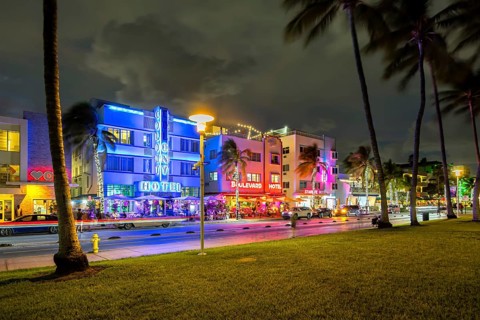 Miami Beach Florida building on Ocean Drive in art deco architecture style at night in Miami Beach,