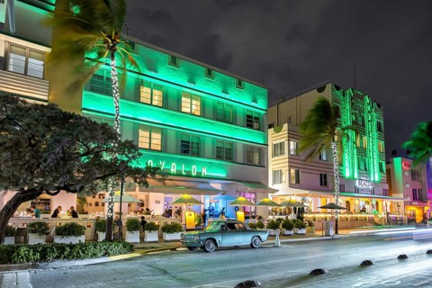Miami Beach Florida Avalon Hotel on Ocean Drive in Art Deco architecture style at night in Miami
