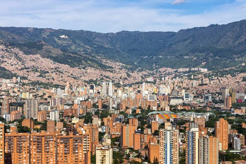 Medellin skyline view from Calasanz of skyscrapers with the city center in Medellín, Colombia