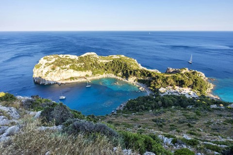 View of Anthony Quinn Bay beach and bay from above Mediterranean seaside island of Rhodes, Greece