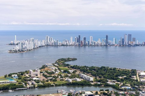 Cartagena skyline with skyscrapers in the Caribbean by the sea Aerial view from above in Cartagena,
