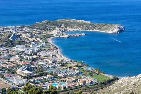 View of the holiday resort of Kolymbia with beach from above Mediterranean seaside island of