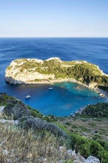 View of Anthony Quinn Bay beach and bay from above Mediterranean seaside island of Rhodes, Greece