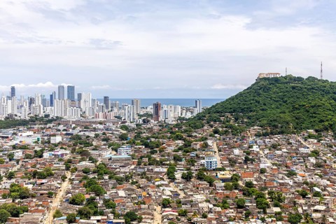 Cartagena skyline and Convento de Santa Cruz de la Popa monastery aerial view from above in