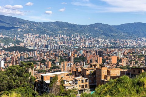 Medellin skyline view of skyscrapers from Calasanz with downtown Poblado in Medellín, Colombia