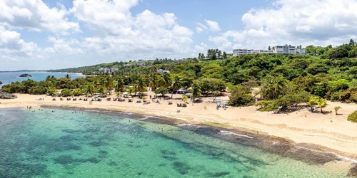 Mar Chiquita Beach in the Caribbean Ocean vacation Panoramic aerial view from above in Manati,