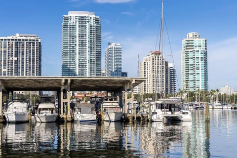 Saint Petersburg Skyline Florida Marina with boats on Tampa Bay in Downtown St Petersburg, USA