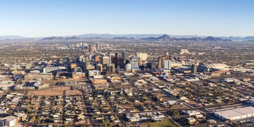 Phoenix Arizona skyline downtown with skyscrapers panoramic aerial view from above in Phoenix, USA