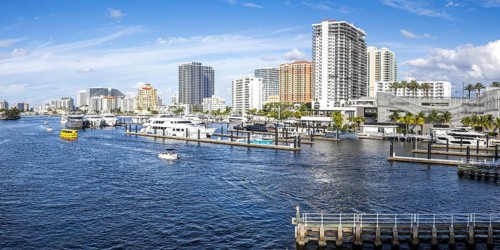 Fort Lauderdale skyline at the Las Olas Marina panorama with Florida boats yachts in Fort