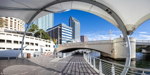 Tampa Riverwalk Promenade on the Hillsborough River Panoramic Skyline with Skyscrapers Downtown in