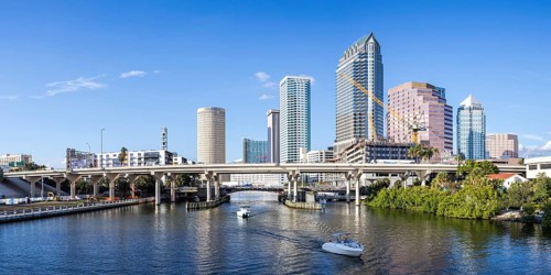 Tampa skyline with skyscrapers and bridge over Hillsborough River panorama in downtown Tampa, USA