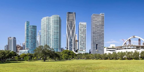 Miami skyline with high-rise real estate at Maurice A. Ferré Park Florida vacation panorama in