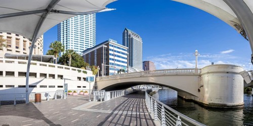 Tampa Riverwalk Promenade on the Hillsborough River Skyline Panorama with Skyscrapers Downtown in
