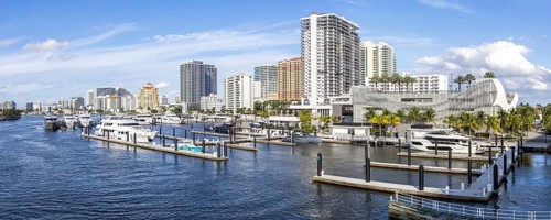 Fort Lauderdale skyline at Las Olas Marina with boats yachts panoramic Florida in Fort Lauderdale,