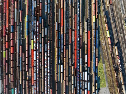 Mannheim marshalling yard. There are many freight trains and freight wagons on the tracks. aerial