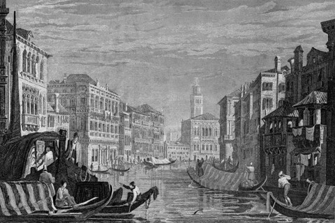 On the Grand Canal in Venice, Italy, covered gondolas, hustle and bustle, church tower, profession