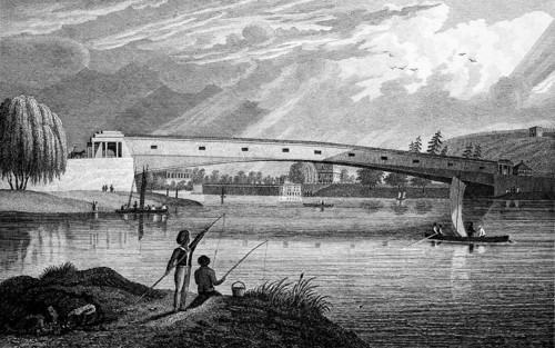 Large bridge over the Schuylkill River, Philadelphia, USA, fisherman on the shore, rowing boat with