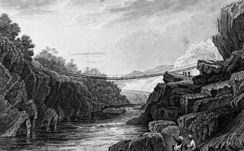 Rope bridge in Hindustan, India, rocky landscape, river, current, crossing, bridge of ropes, shaky,