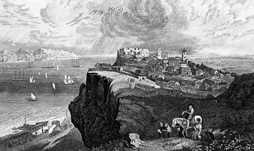 View of Lisbon over the Tagus, Portugal, rock peak, horsemen, excursion, busy shipping, many