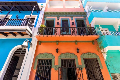 Puerto Rico, San Juan colorful street and colonial architecture in historic city center