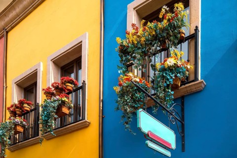 Mexico, Monterrey, colorful historic buildings in the center of the old city, Barrio Antiguo, a