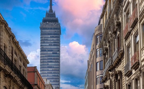 Mexico City Landmark tower Torre Latinoamericana near the Alameda Central Park and Zocalo historic