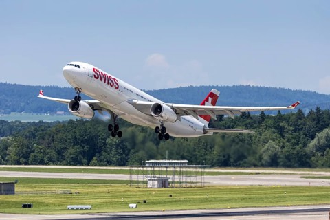 A Swiss Airbus A330-300 aircraft with the HB-JHB license plate at Zurich Airport, Switzerland