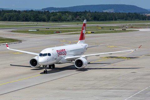 A Swiss Airbus A220-100 aircraft with the HB-JBH license plate at Zurich Airport, Switzerland