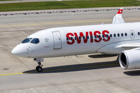 A Swiss Airbus A220-300 aircraft with the HB-JCN license plate at Zurich Airport, Switzerland