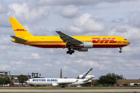 A Boeing 767-300ER (BDSF) aircraft of DHL 21 Air with registration N765CK at Miami Airport, USA