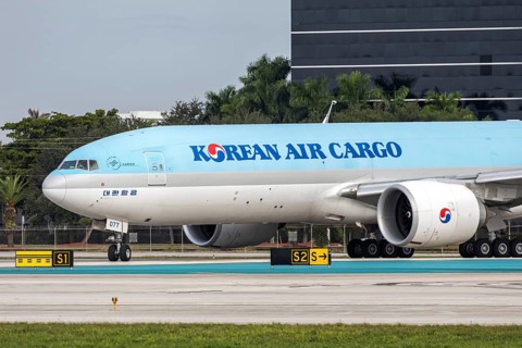 A Korean Air Cargo Boeing 777-F aircraft with license plate HL8077 at Miami airport, USA