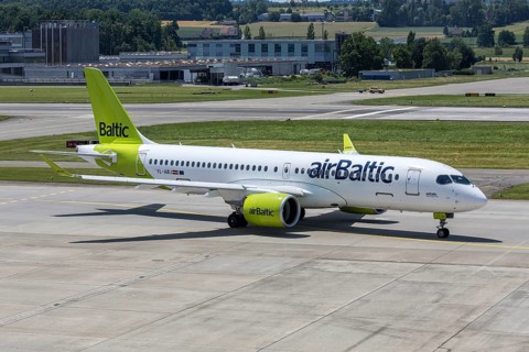 An Airbus A220-300 Air Baltic aircraft with the license plate YL-ABJ at Zurich Airport, Switzerland