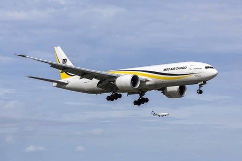 An MSC Cargo Boeing 777-F aircraft with the license plate N708GT at Miami airport, USA