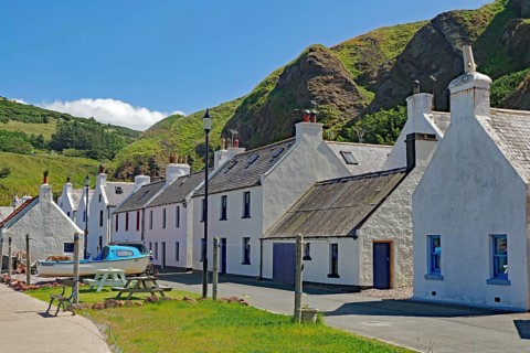 White houses at the foot of hills in a picturesque village, Local Hero, Pennan, Aberdeenshire,