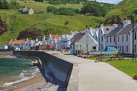Small coastal town with white houses and sea views, Local Hero, Pennan, Aberdeenshire, Scotland,