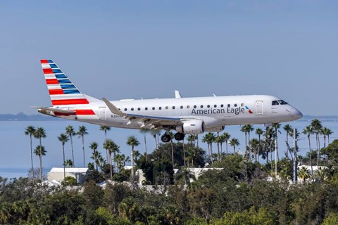 An American Eagle Embraer 175 aircraft with license plate N260NN at Tampa airport, USA