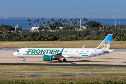 A Frontier Airlines Airbus A321neo aircraft with license plate N669FR at Tampa airport, USA