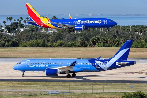 Airbus and Boeing aircraft operated by Breeze Airways Airbus and Southwest Airlines at Tampa