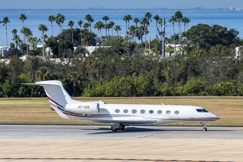 A Qatar Executive Gulfstream G650ER private jet aircraft with the license plate A7-CGE at Tampa