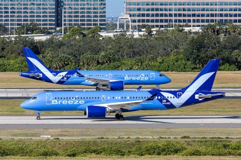 Airbus A220-300 Breeze Airways aircraft with license plate N244BZ at Tampa airport, USA