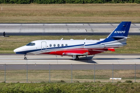 A Nicholas Air Cessna 680A Citation Latitude private jet aircraft with license plate N765PG at