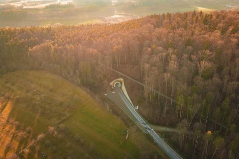 Aerial view of a wooded landscape with a winding road at sunset