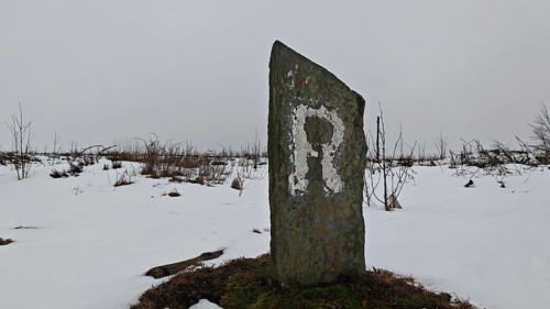 Snowy landscape with an old marker of the Rennsteig hiking trail with the letter R on it,