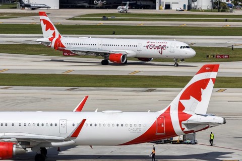 Airbus A321 Air Canada Rouge aircraft with license plate C-GJTX at Fort Lauderdale airport, USA