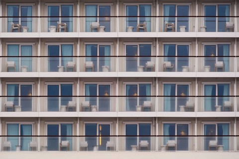 Close-up view of balconies of the Disney Magic ship, Bremerhaven, Bremen, Germany