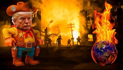 Symbolic image, Trump as world sheriff, determined over the world and USA, war ending, deportation